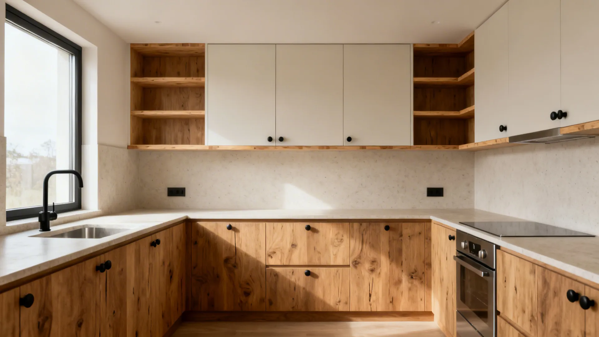 Scandinavian-inspired 6x6 kitchen with oak base cabinets, light quartz, and open shelves.
