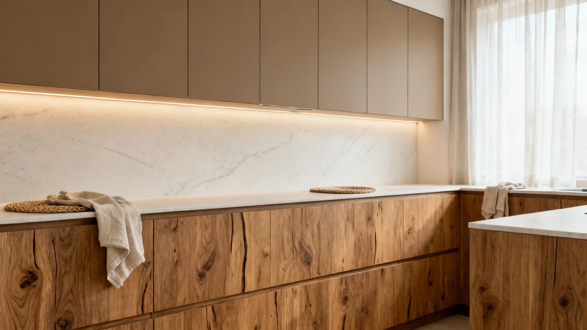 8x8 kitchen with oak lowers and matte neutral uppers under soft daylight.