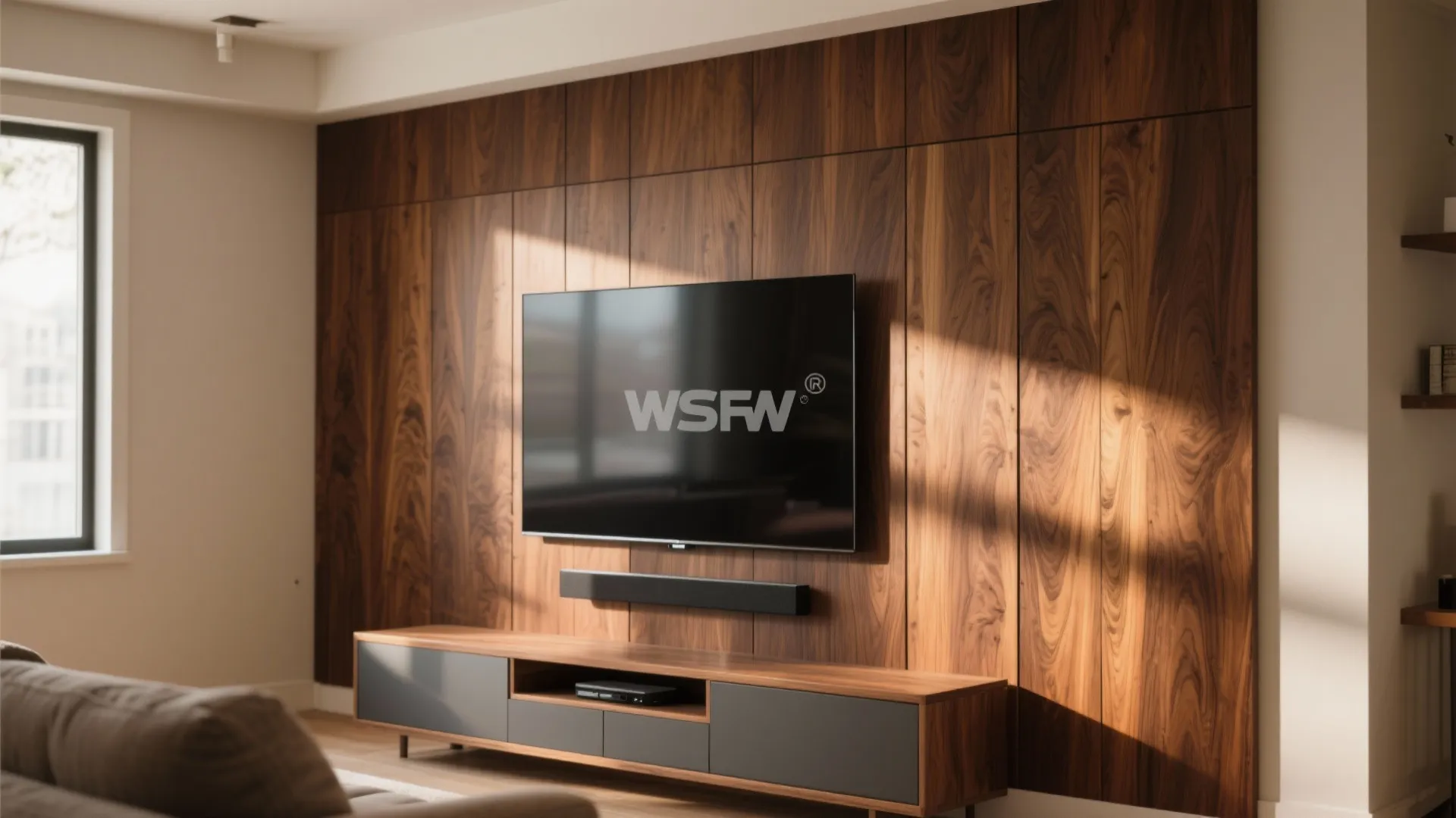 Modern television mounted on a dark wood wall panel with a matching wooden storage cabinet
