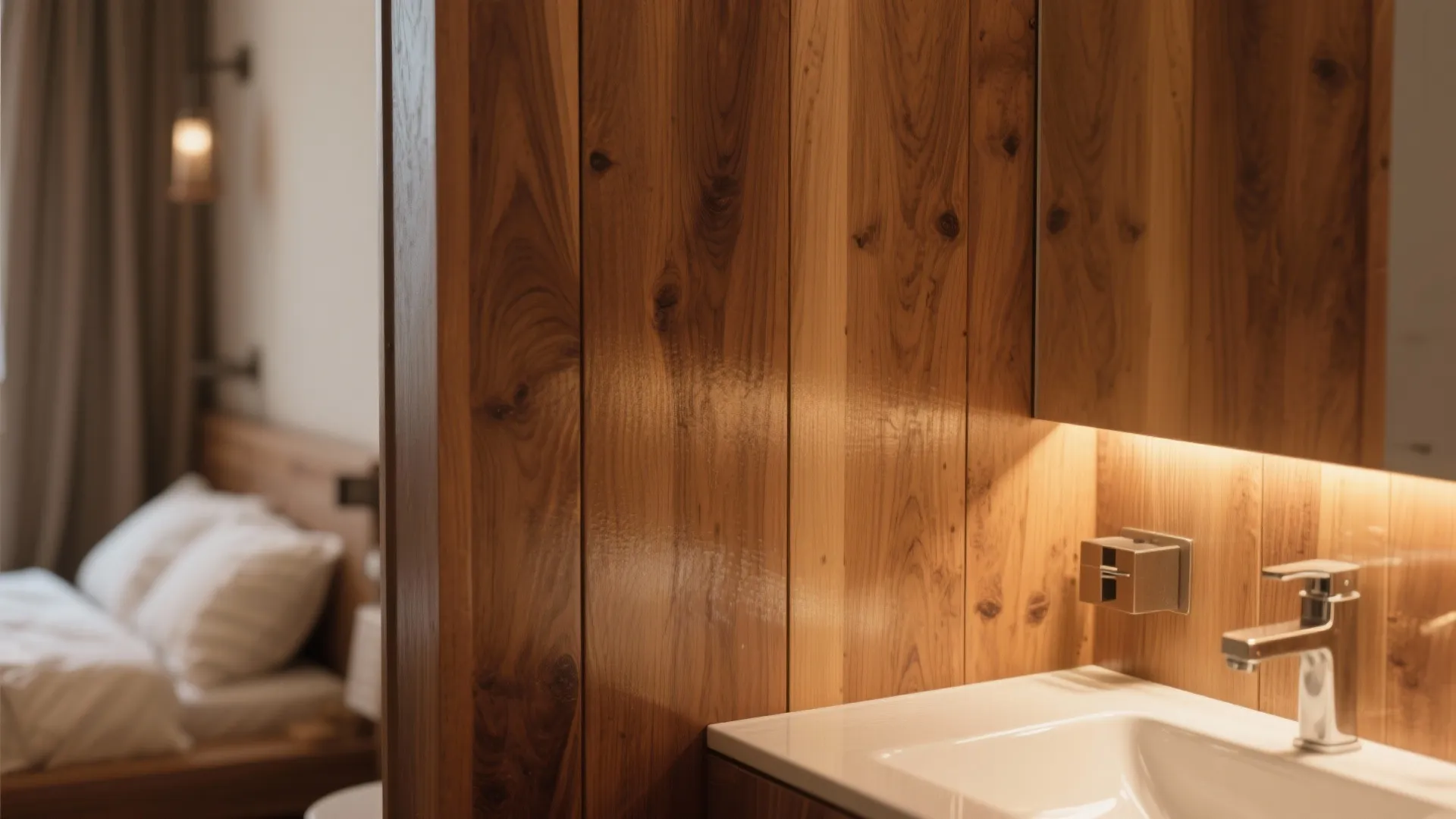 Modern bathroom sink area with natural wood wall panels next to a cozy bedroom view