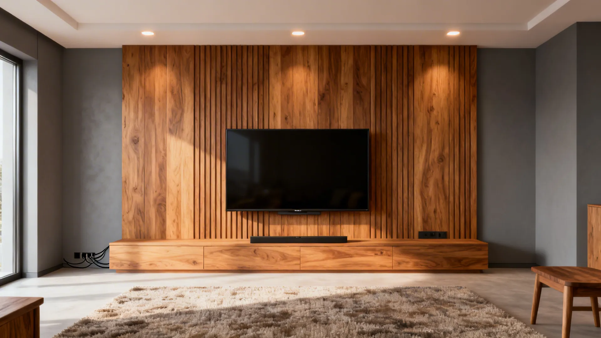 Horizontal oak wood panels behind a TV soften a grey living area and hide cables.