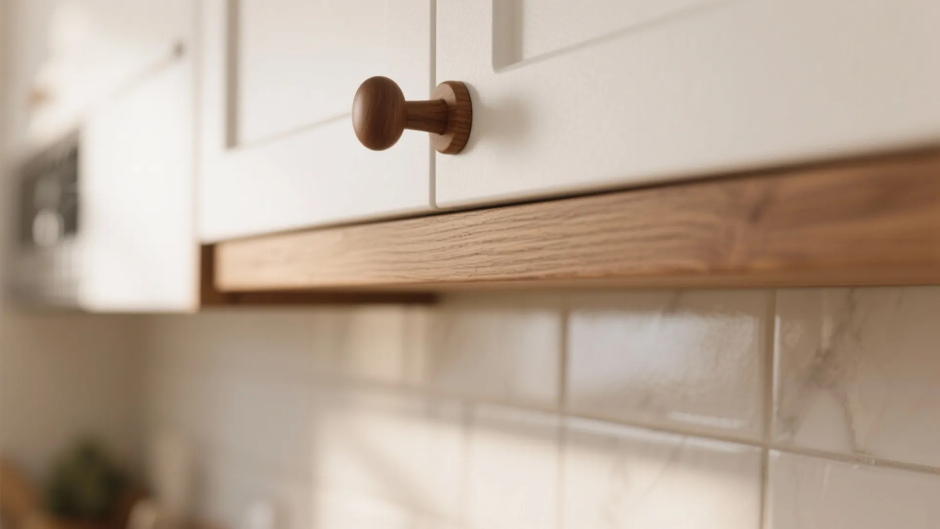 Close up of white cabinet with wooden handle and wood trim above marble tile wall background