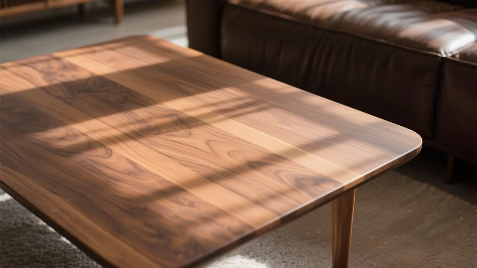 Wooden coffee table with natural grain and sunlight shadows next to a brown leather sofa