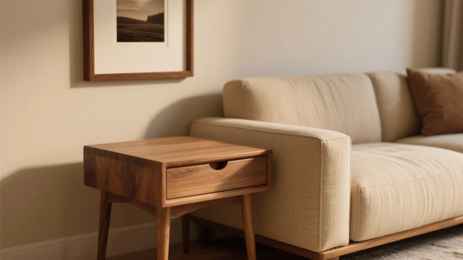 Close-up of oak side table and walnut frame in beige living room