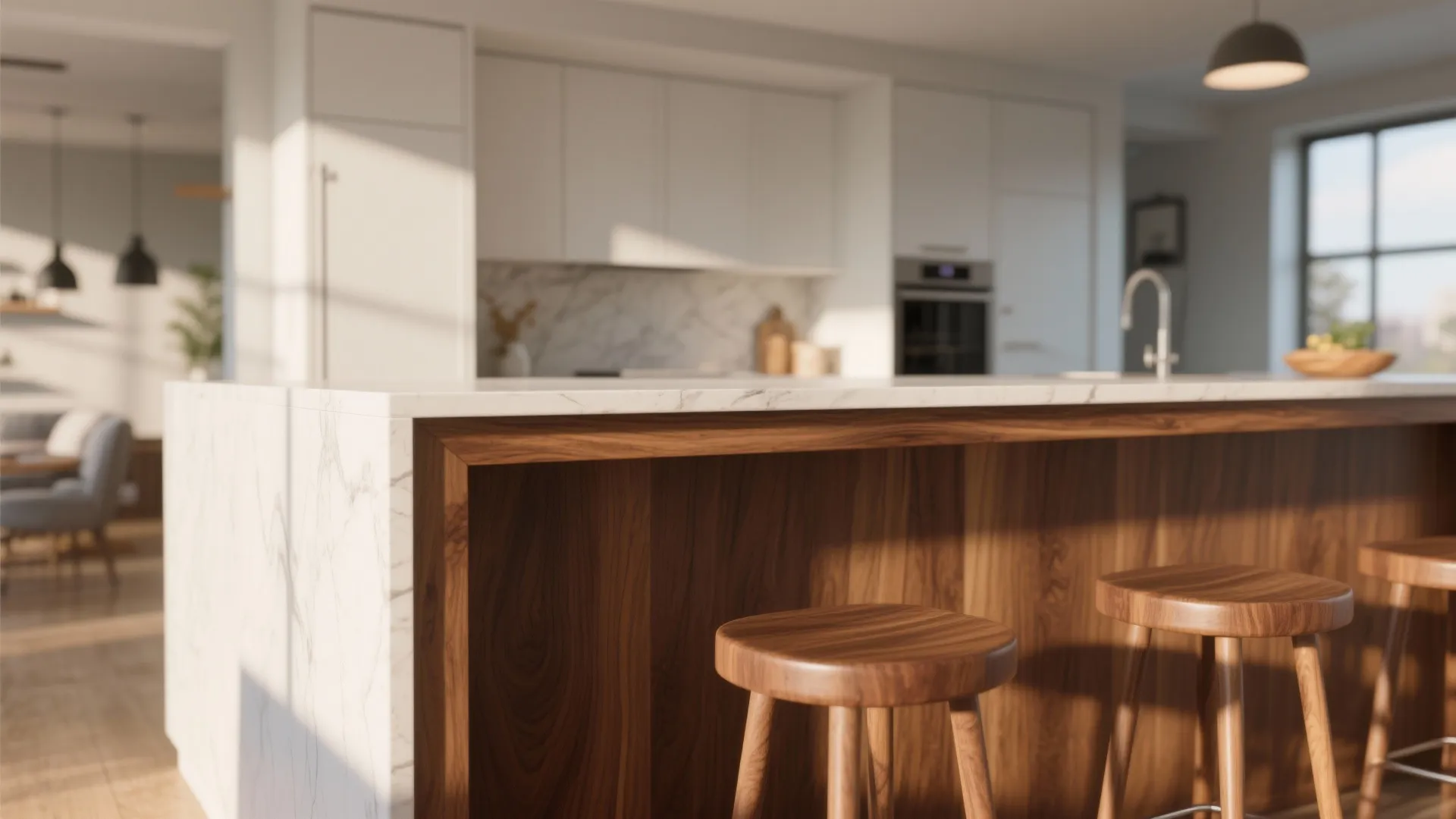 Warm walnut wood counter in open plan kitchen