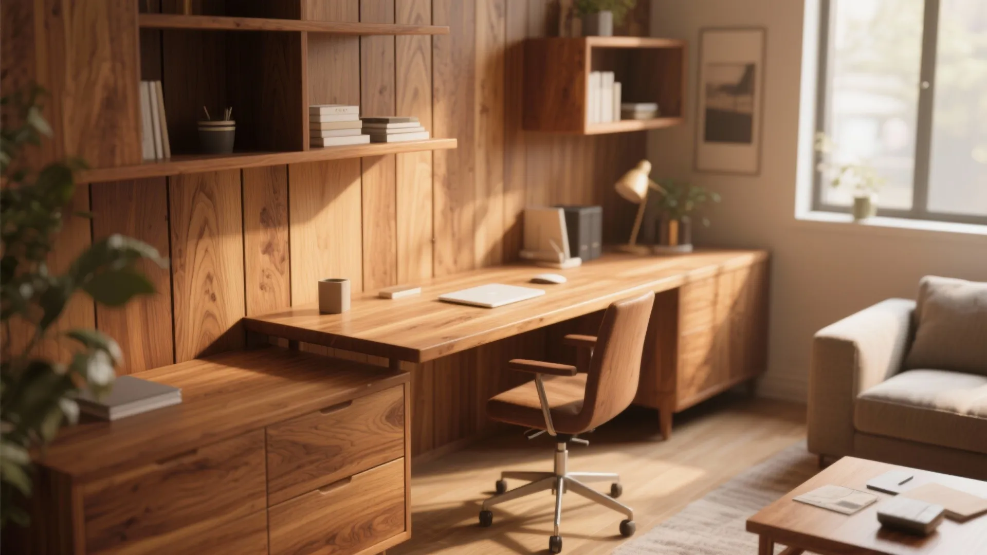 Home office with long wooden desk wood wall panel shelves brown chair and soft sunlight