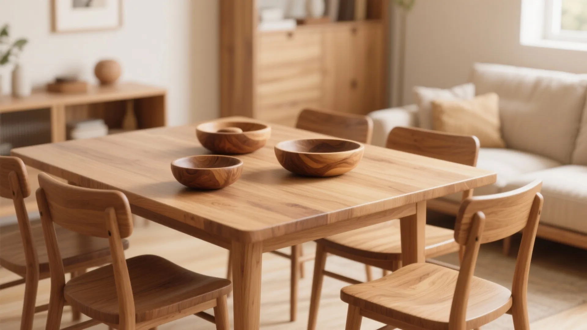 Close-up of warm wood textures in small dining space