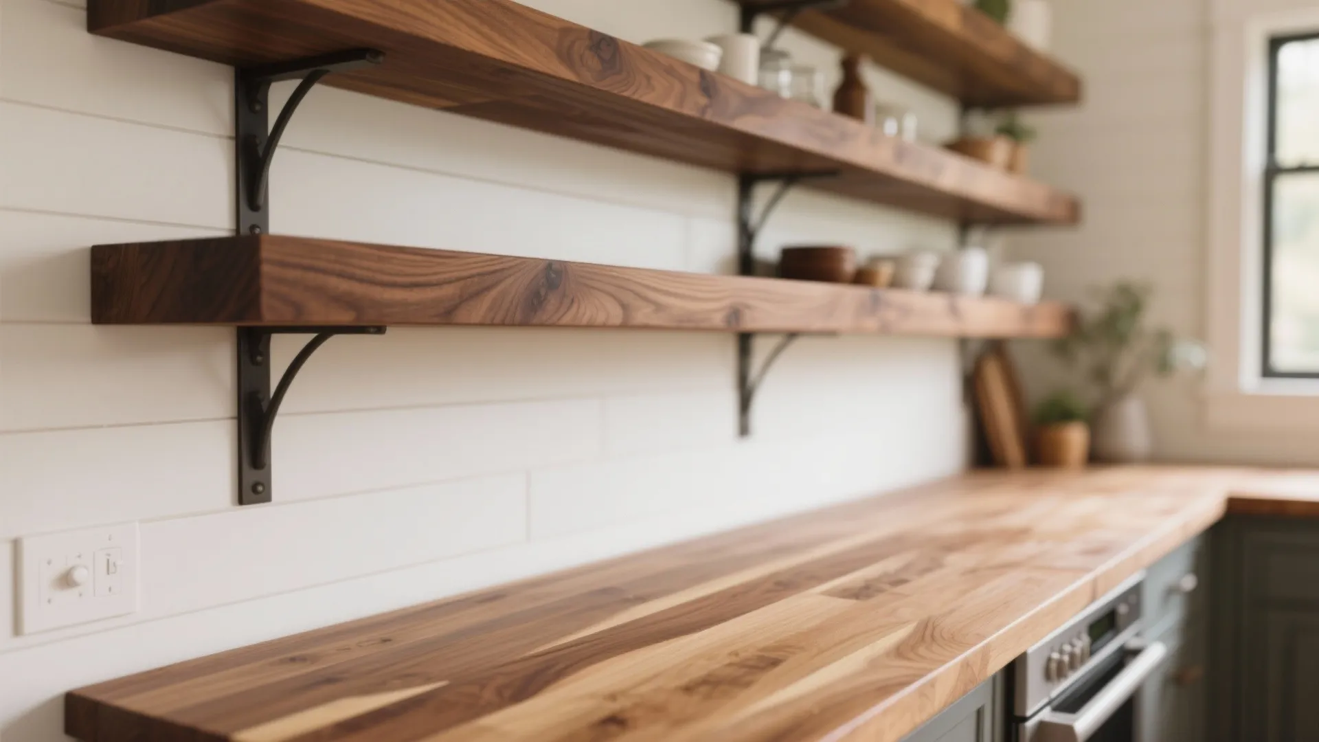 Modern kitchen with thick wooden floating shelves and matching wood countertop against white wall panel design