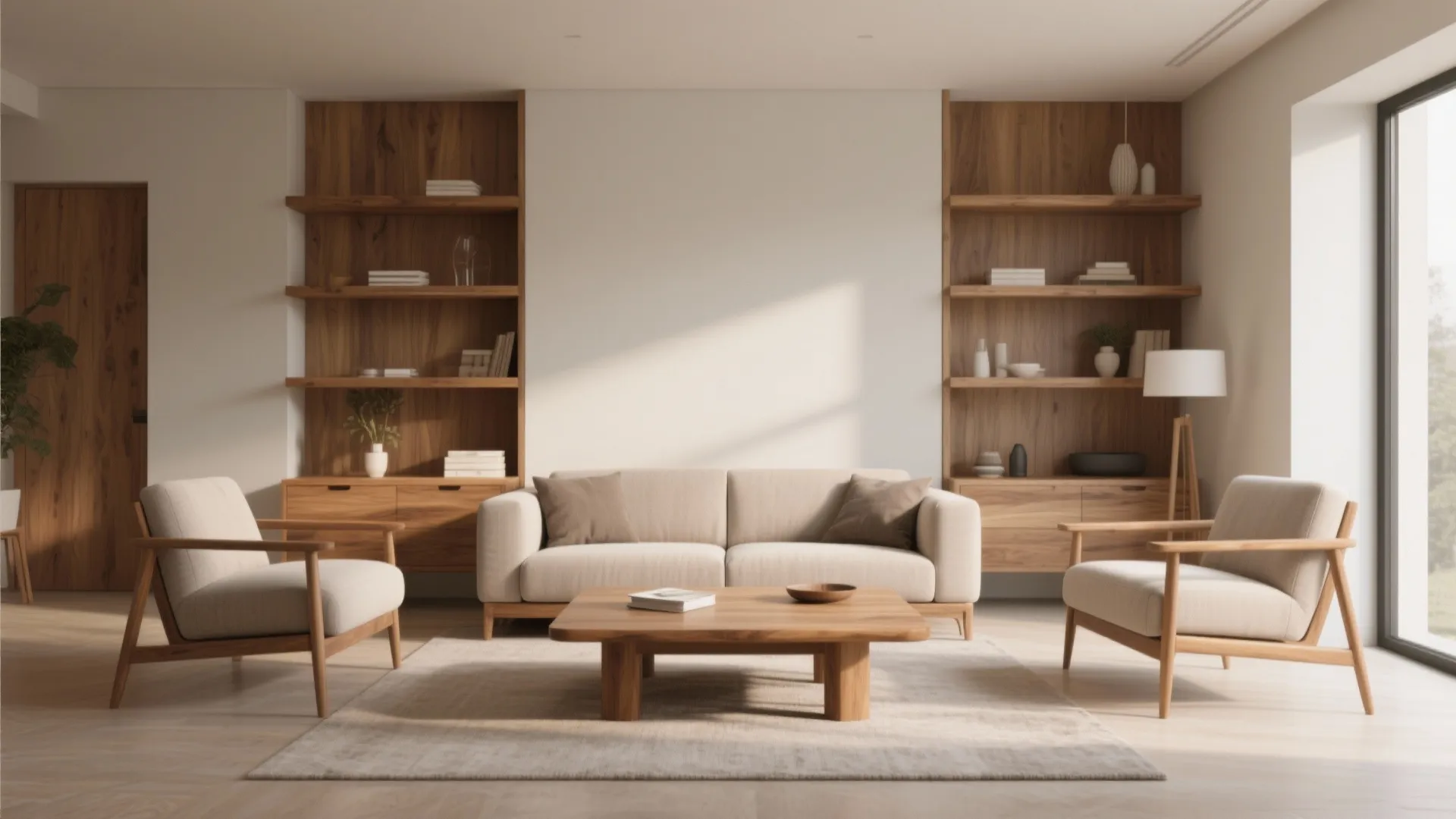 Modern living room with beige sofa two wooden armchairs coffee table and large wood bookshelves