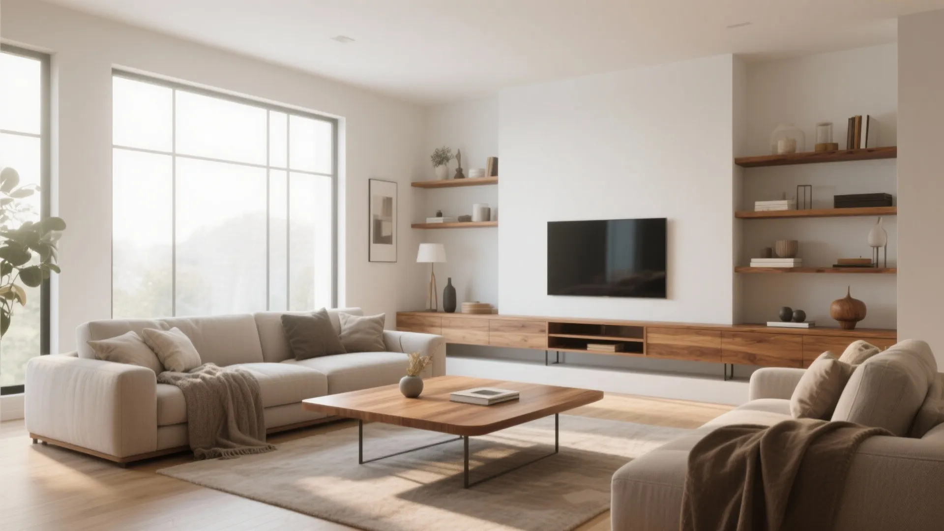 Modern living room with white walls wooden coffee table television beige sofa and wall shelves