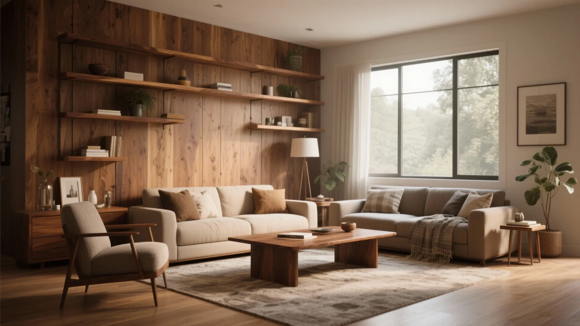 Cozy living room featuring wood wall panel shelves beige sofas wooden coffee table and window