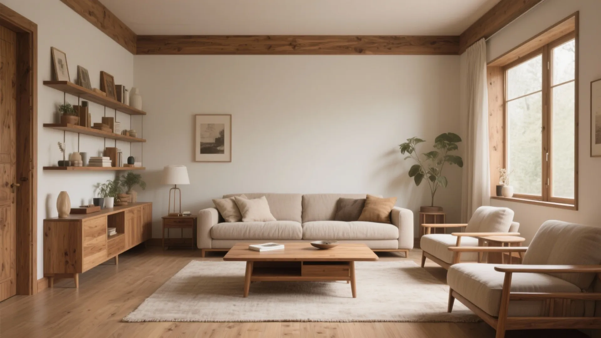 Warm interior design with beige sofa wooden coffee table wall shelves large window and wood floor