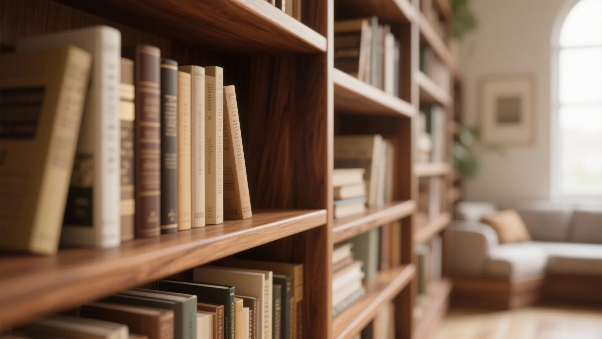 Close up of wooden wall shelves filled with books in a warm bright home library setting