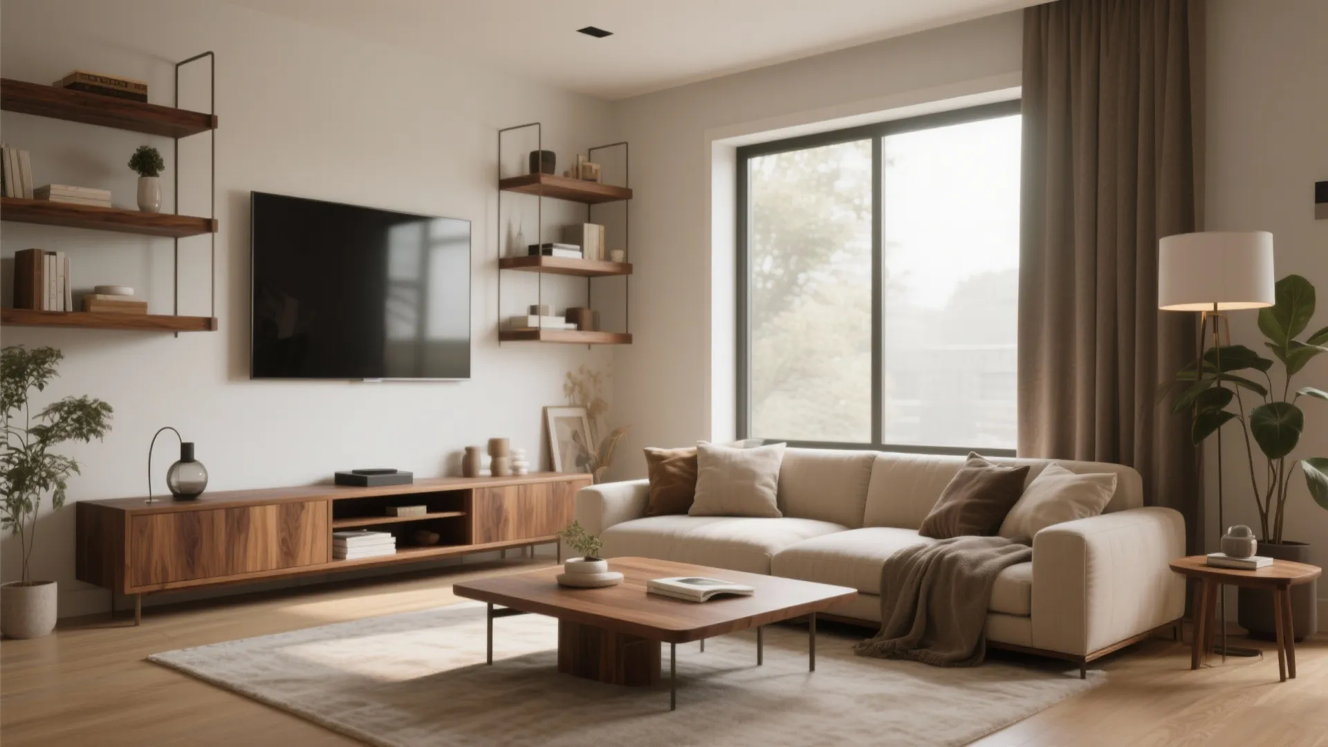 Bright living room with white sofa wooden coffee table wood cabinet wall shelves and floor lamp