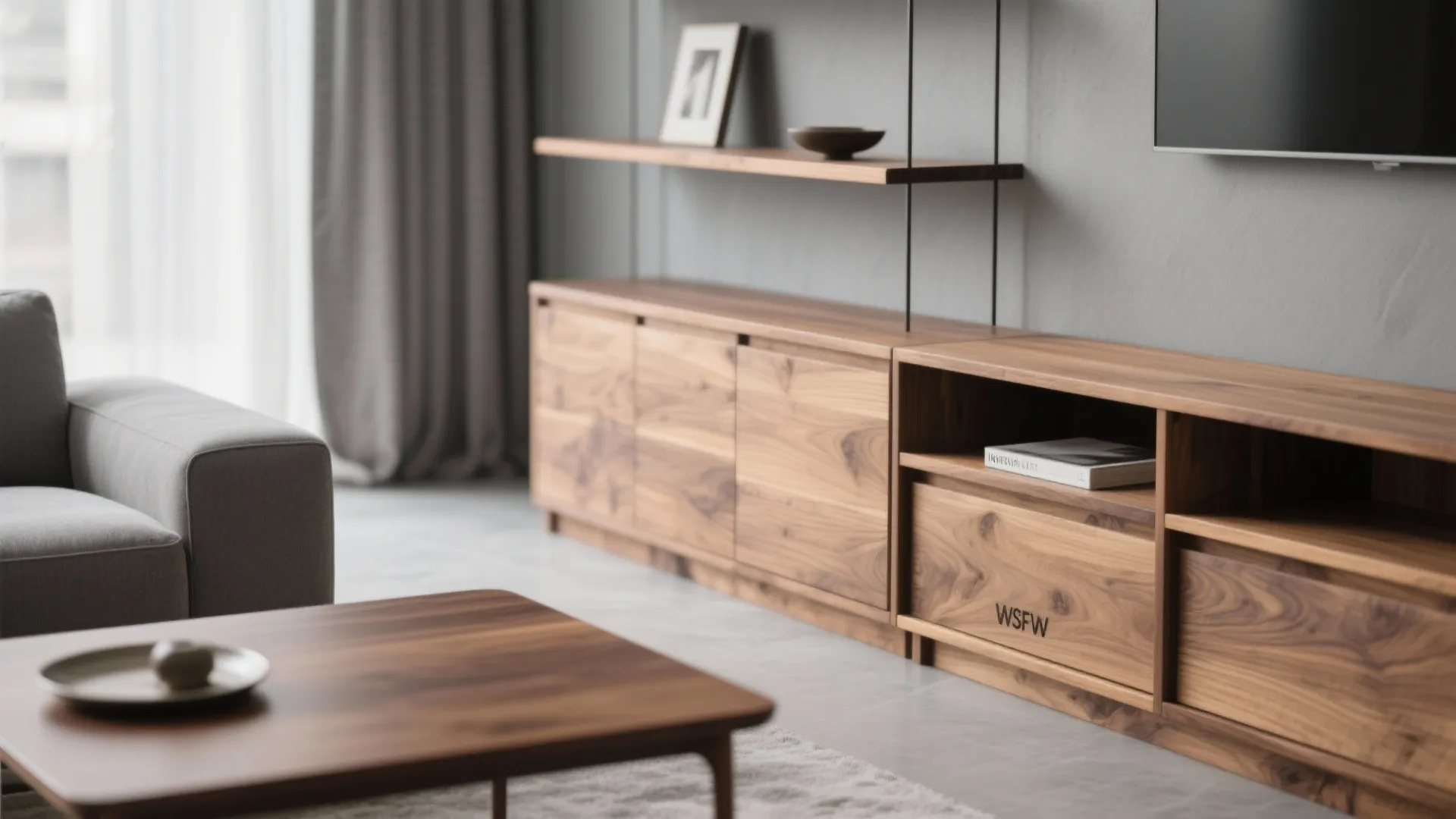Modern living room featuring a natural wood cabinet and coffee table with a grey sofa