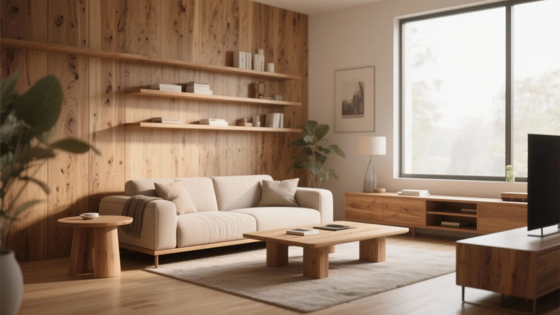 Living room with wood wall panel, floating shelves, beige sofa, wooden coffee table, and cabinet