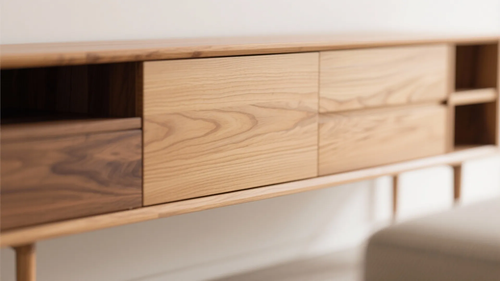 Close up of a light wooden cabinet with natural grain texture and smooth storage drawers