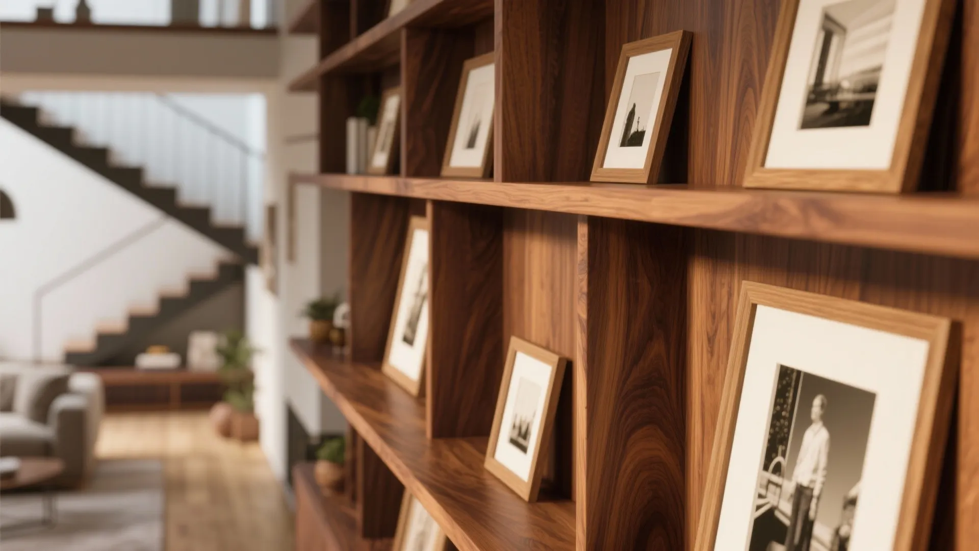 Close up of wooden wall shelves holding several small framed pictures in a modern living room