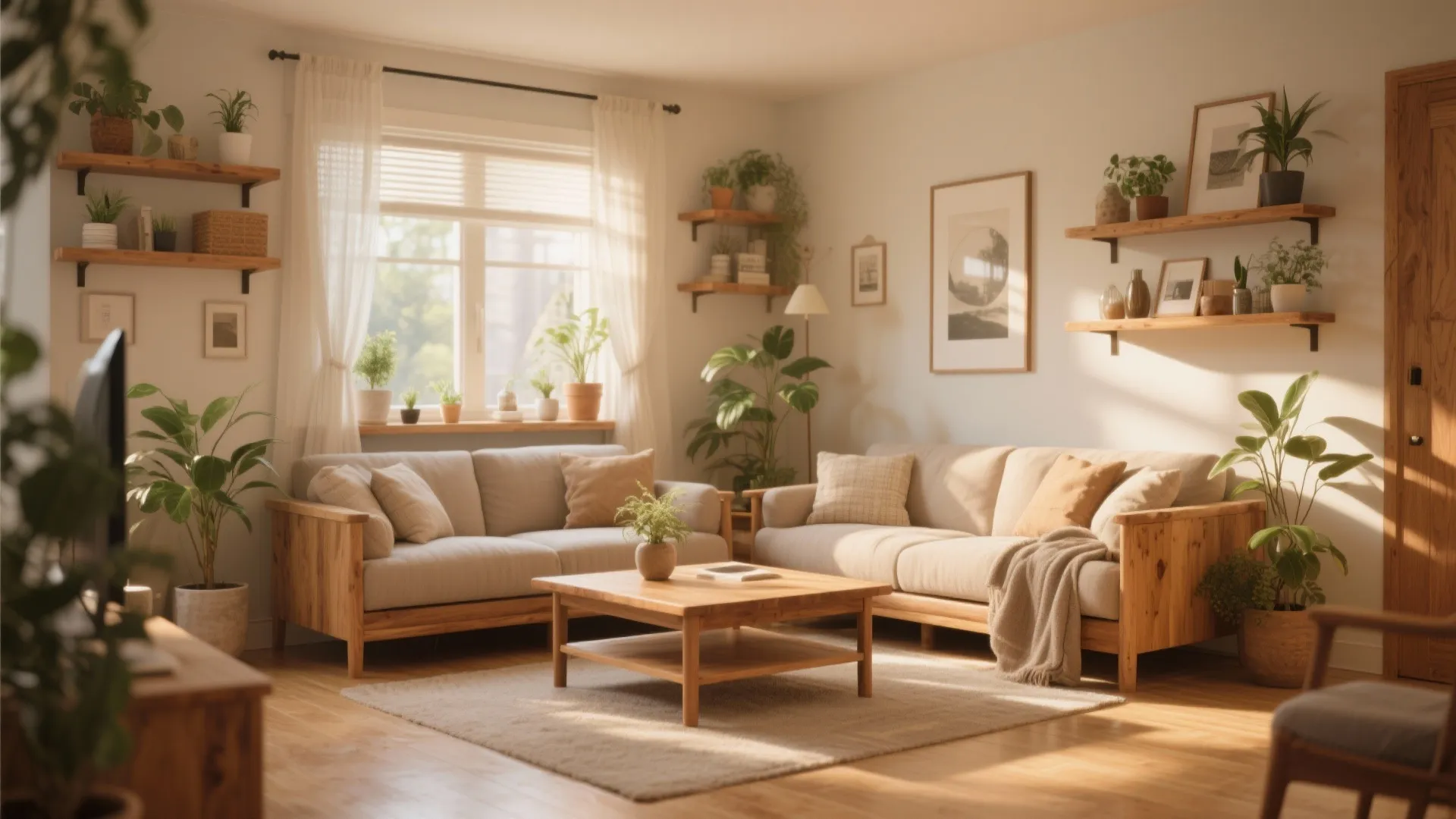 Sunny living room with wooden furniture many green plants wall shelves and low wooden table