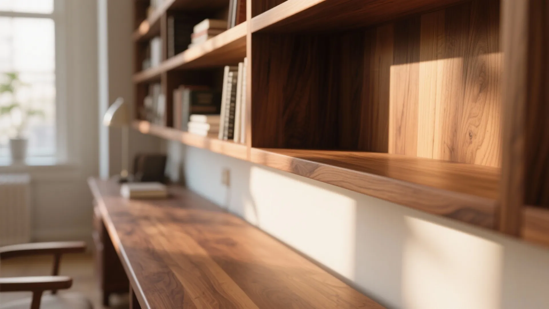 Close up of long wooden desk with wall shelves in a sunlit interior design study