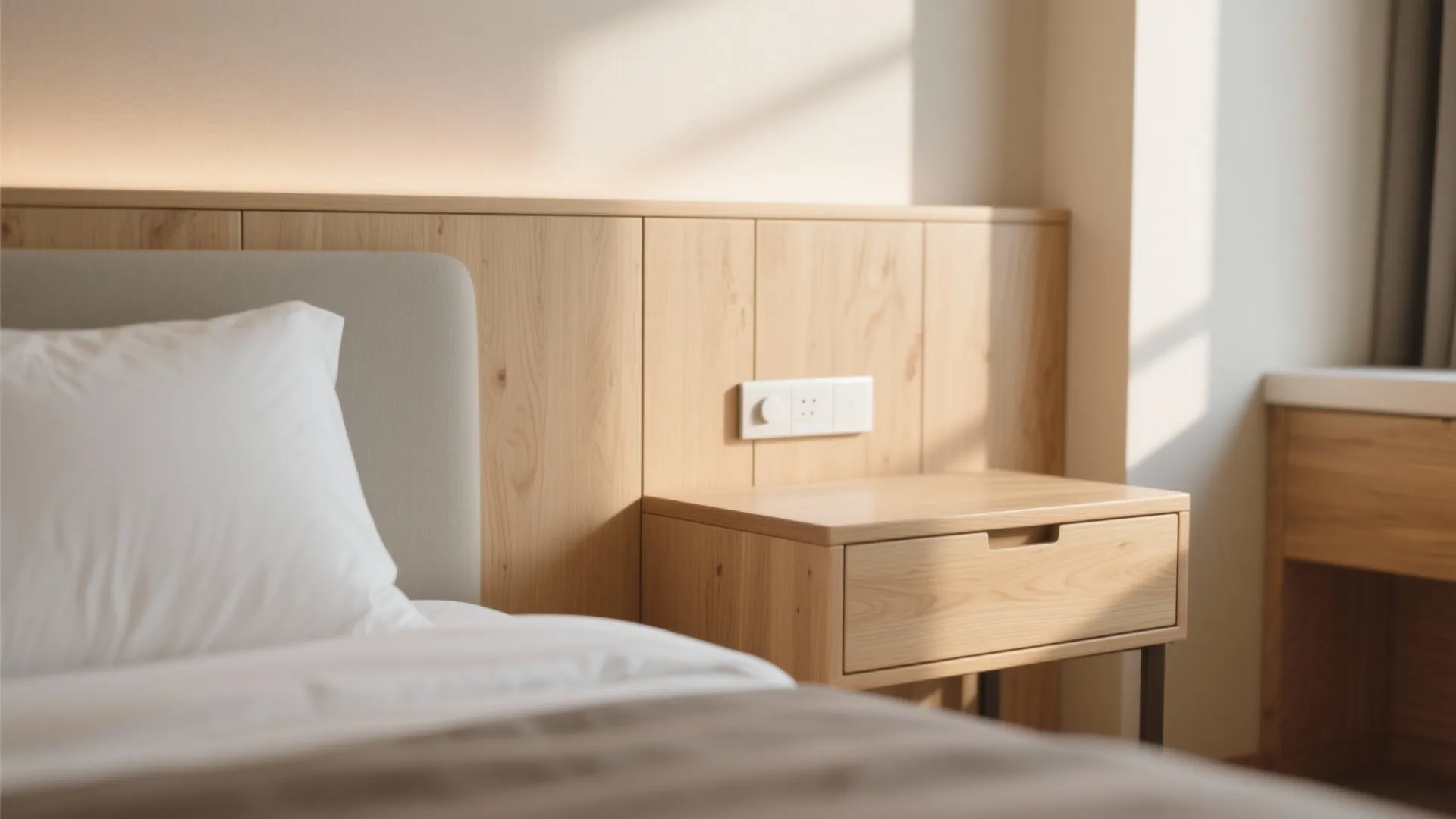Close up of wooden nightstand next to bed with white pillow and wood wall panel