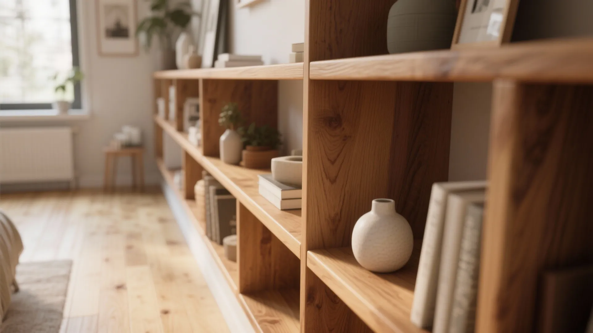 Wooden bookshelf with books and white decorative vases in a bright room with wood floor