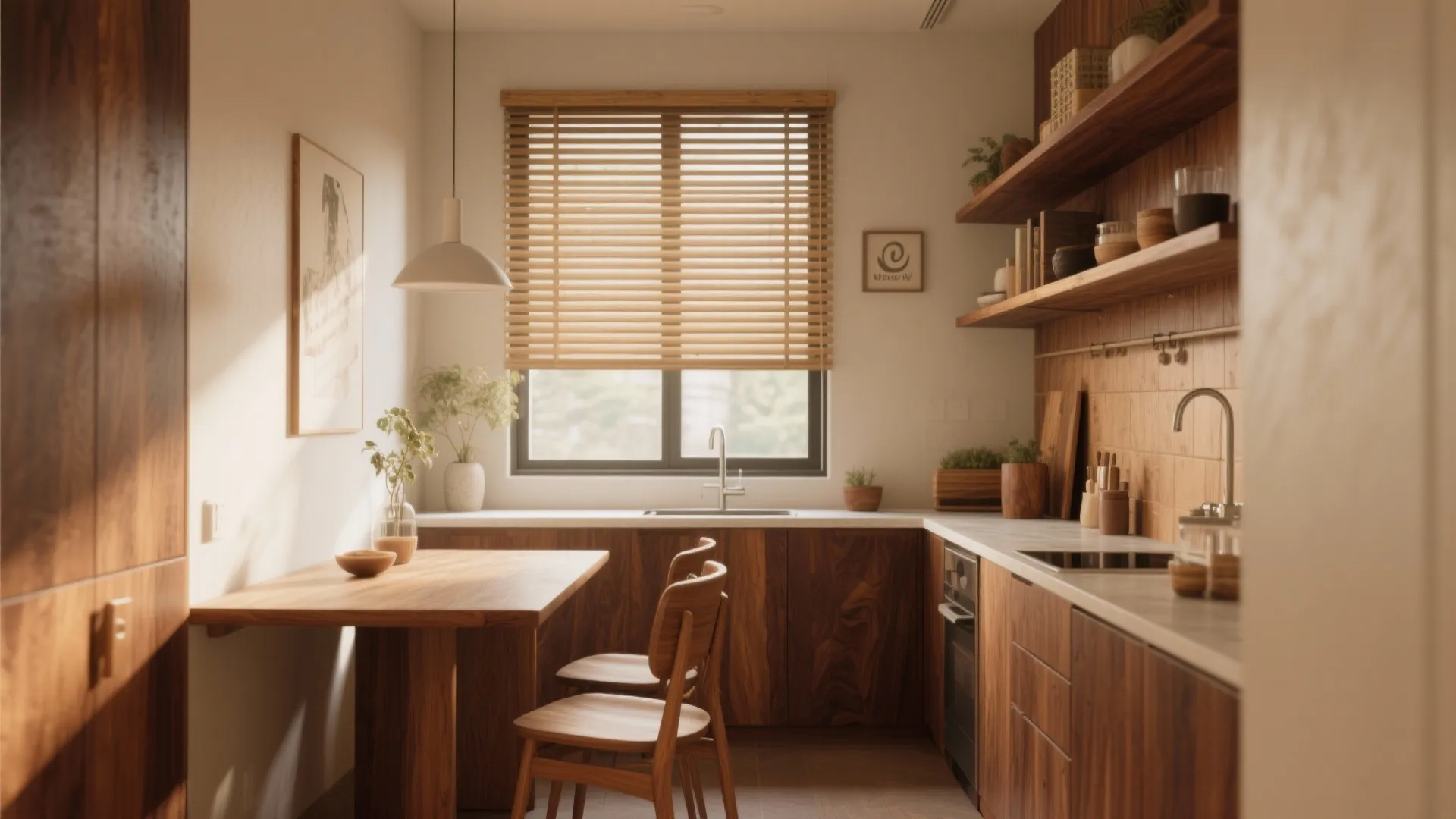 Small kitchen with dark wood cabinets dining table window blinds white ceiling light and wall shelves