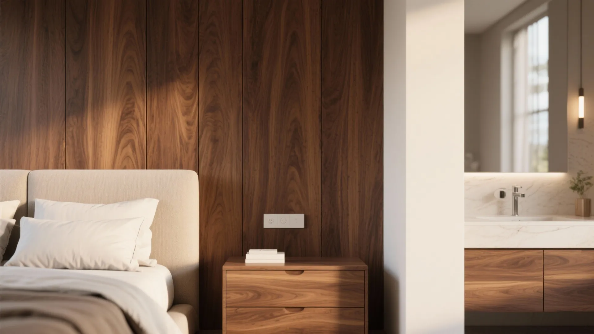 Modern bedroom with wall panel wood bedside cabinet comfortable bed and view into a marble bathroom