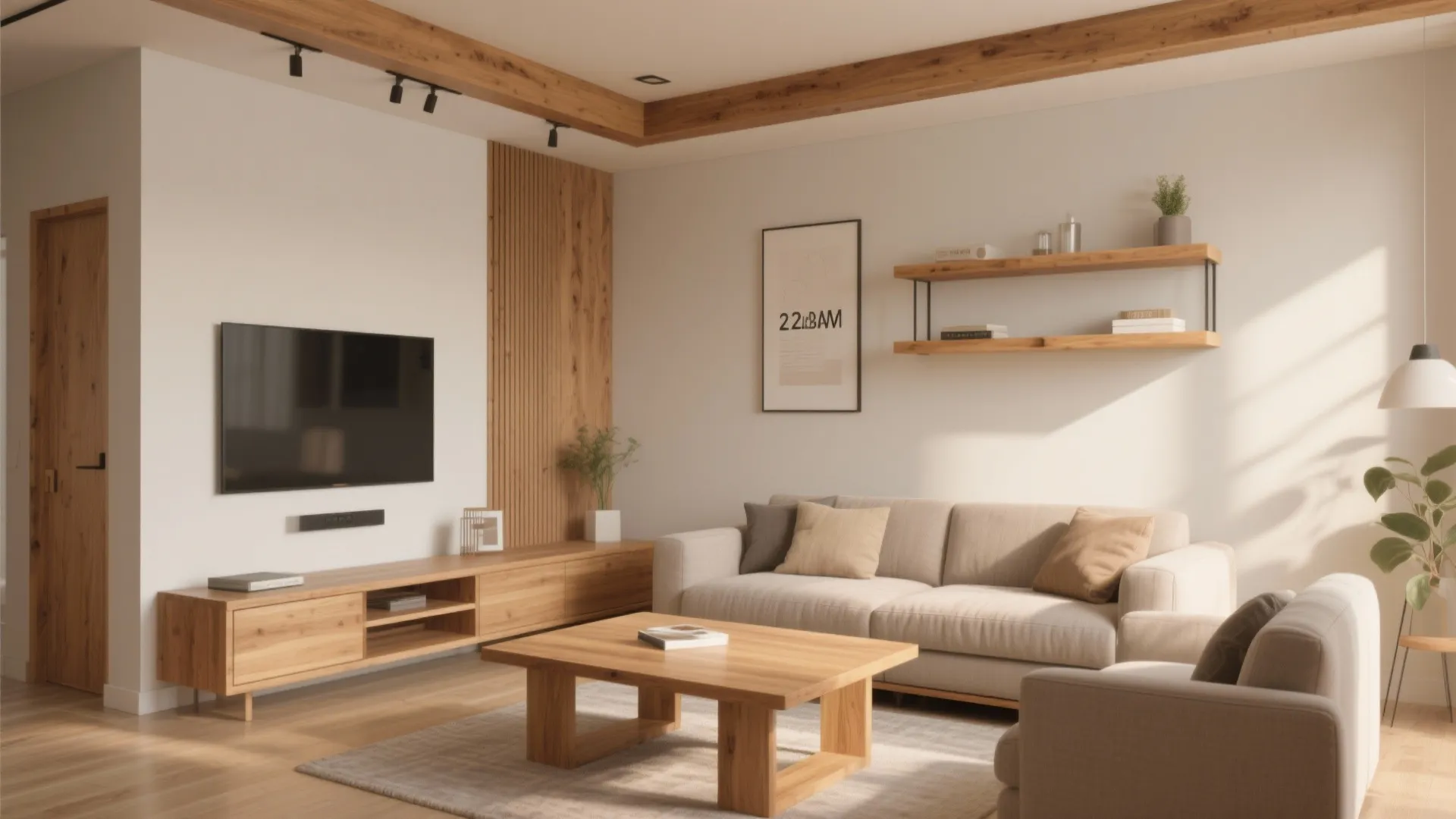 Modern living room featuring beige sofa wood coffee table television cabinet and decorative wall wood panel