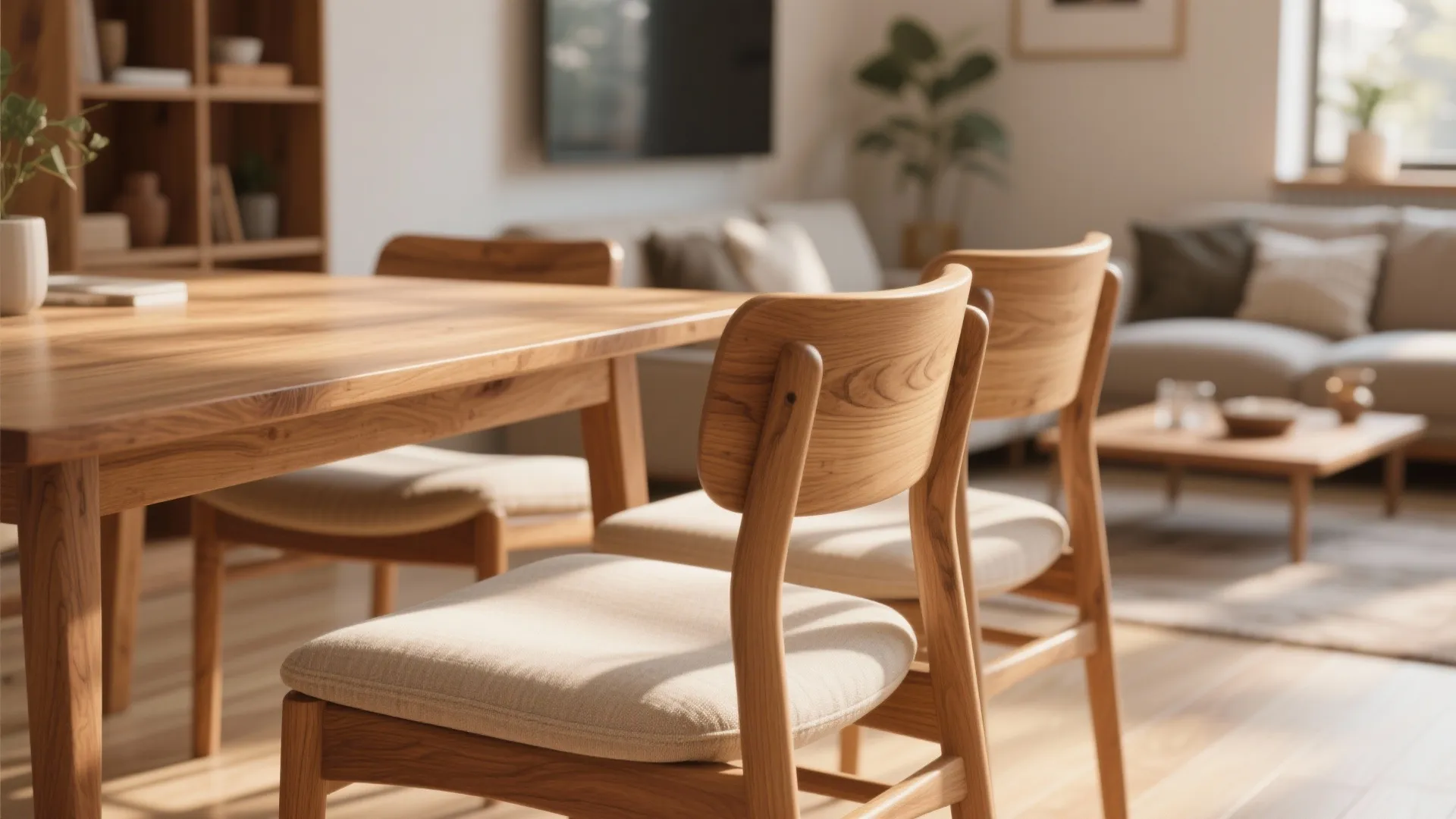 Close up of wooden dining chairs and table in a bright room with warm natural sunlight