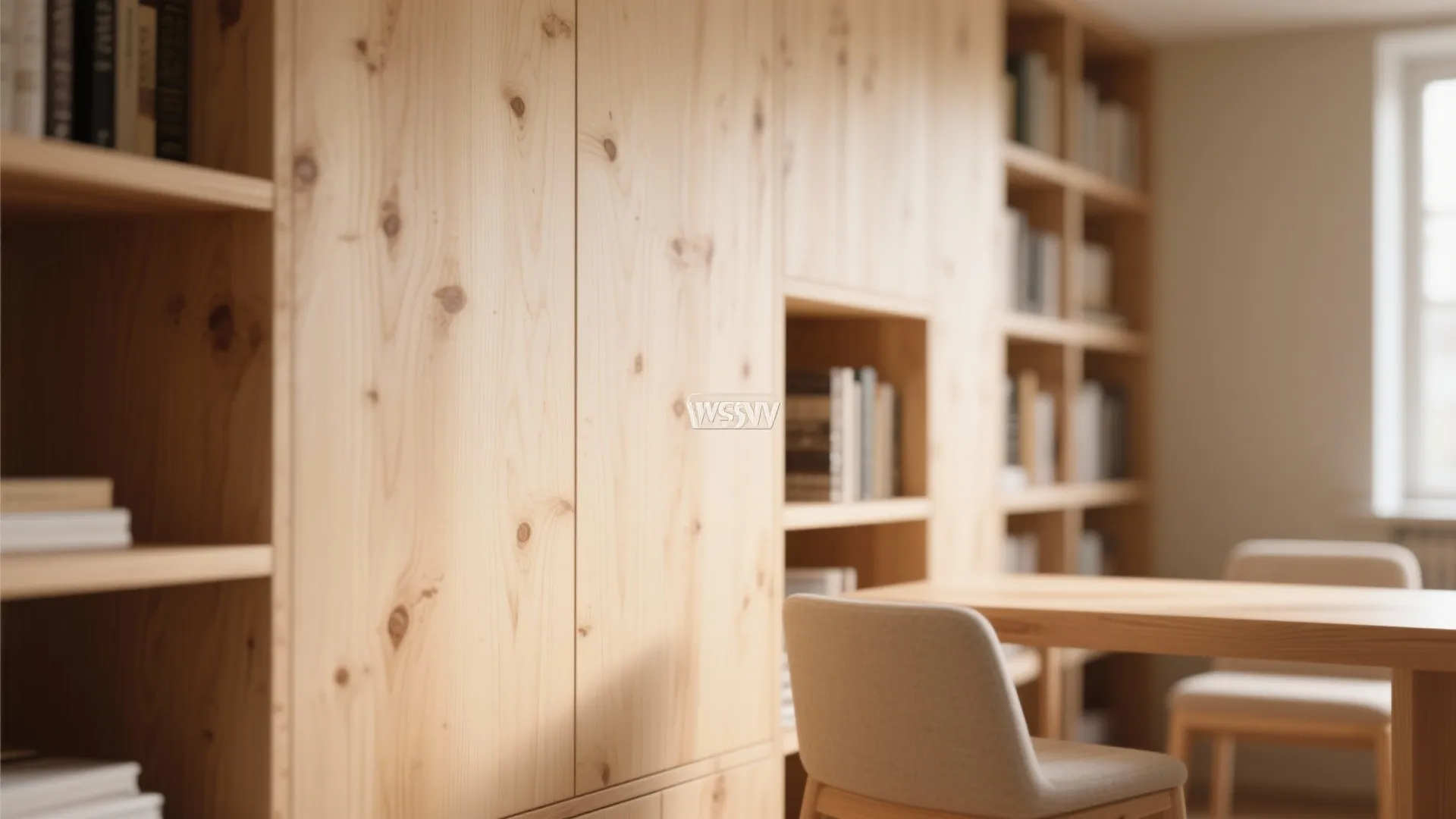 Close up of light wood storage cabinet with matching wooden desk and chair in study