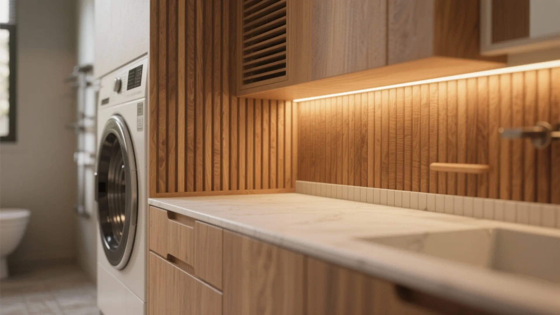 Warm Materials and Wood Accents for a Soothing Utility Space