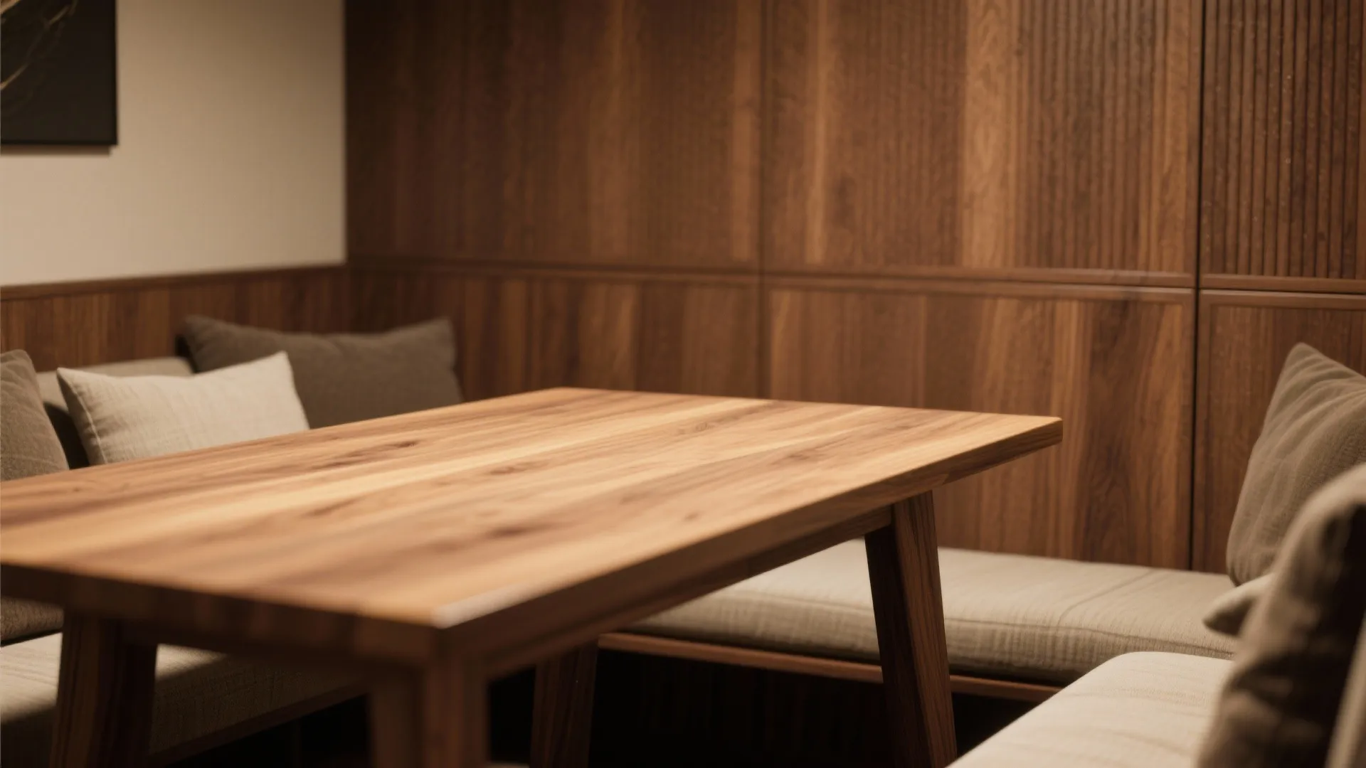 Close-up of warm wood table grain and textured paneling used to add warmth in a small dining room.
