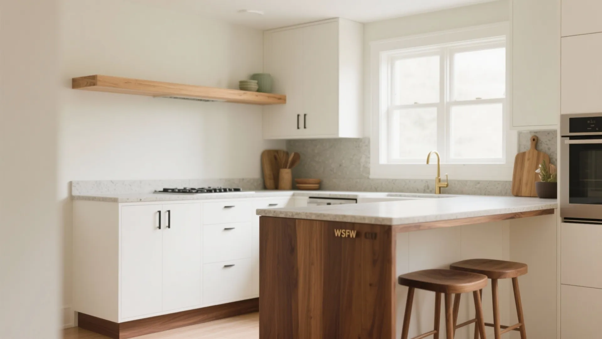 Compact kitchen with light oak shelf edge, walnut toe-kick, and warm white cabinets for a cozy balance.