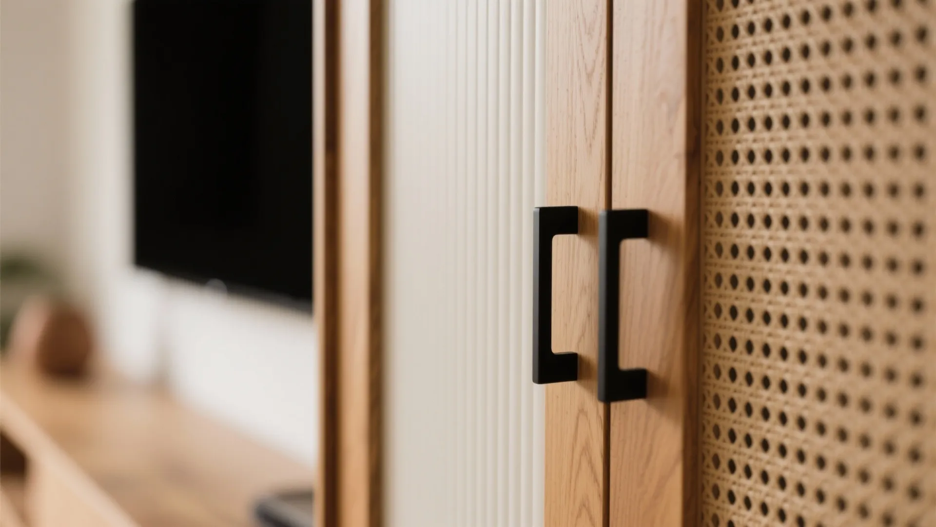 Close up of wooden cabinet with black handles and woven door next to television screen