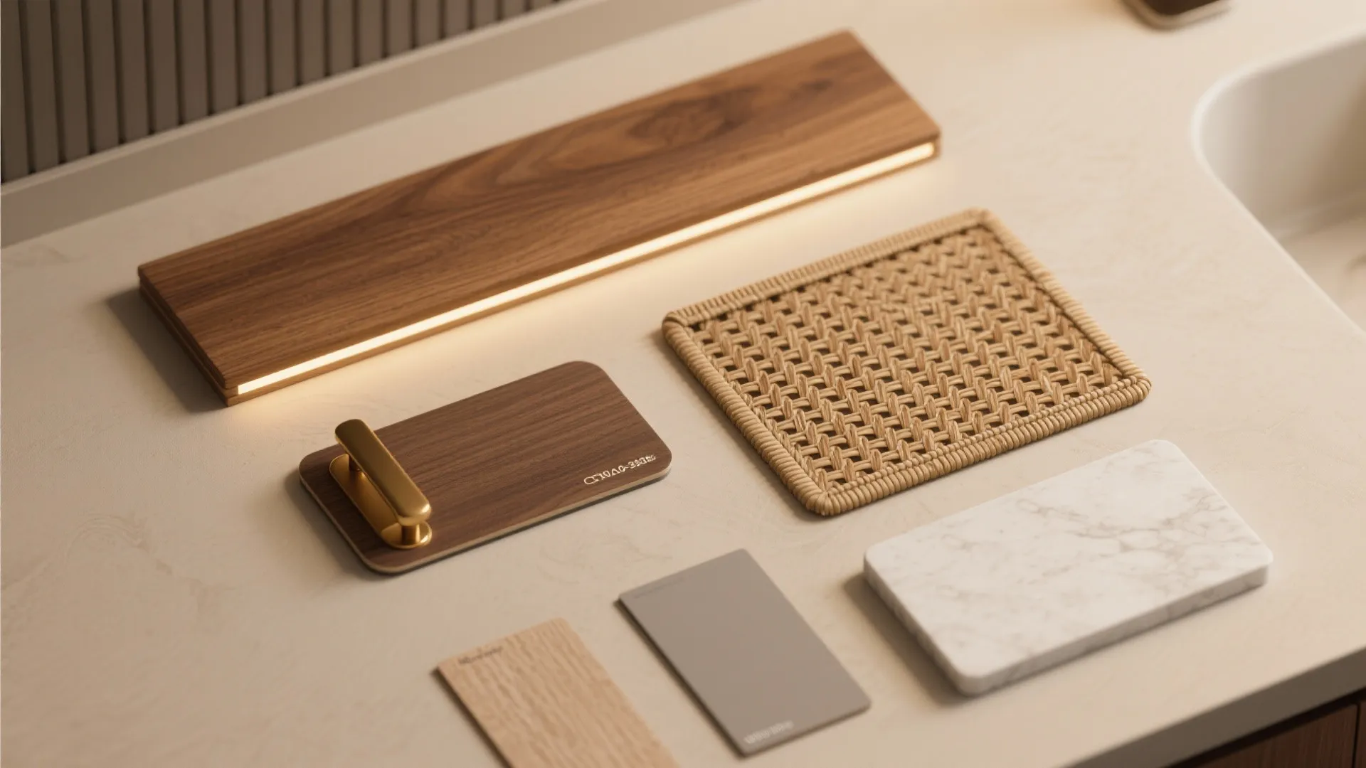 Collection of interior design material samples including wood marble woven mat and metal door handle