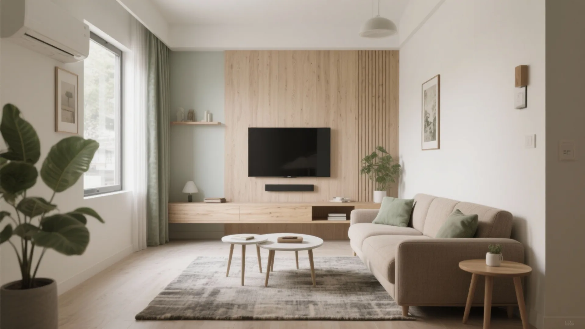 Modern living room with wood wall panel beige sofa white coffee table and large window