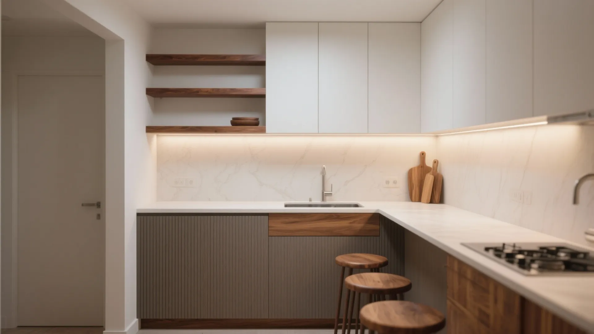Minimalist kitchen featuring white cabinets wooden open shelves marble wall panel and three brown bar stools