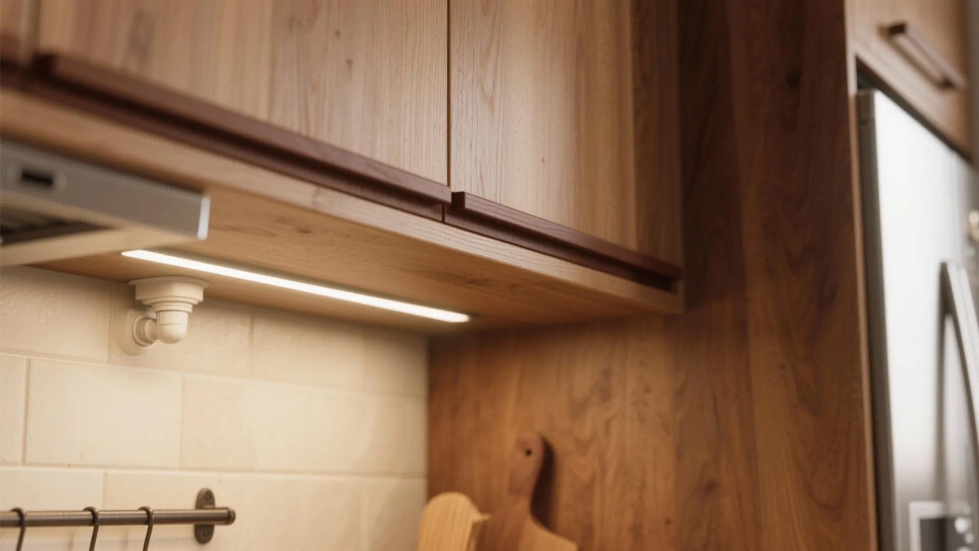 Close up of wood kitchen cabinets with hidden light strip under shelf and white tile wall