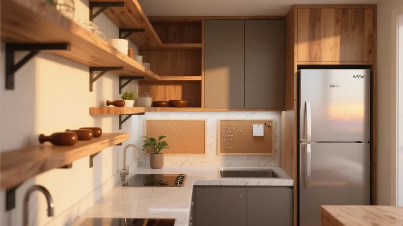 Warm Wood Kitchen with Open Shelving & Marble Countertops