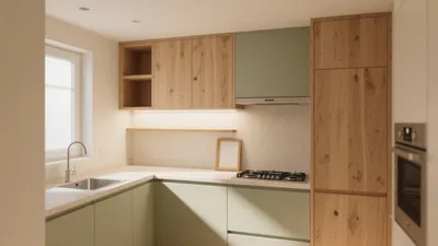 Modern Wood Accent Kitchen with Soft Green Cabinets