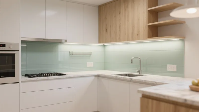 Modern L-Shaped Kitchen with Mint Backsplash & Wood Accents