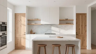 Scandinavian Kitchen with Marble Island and Wood Accent
