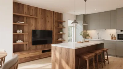 Modern Open-Plan Kitchen & Living Room with Wood Accent Wall
