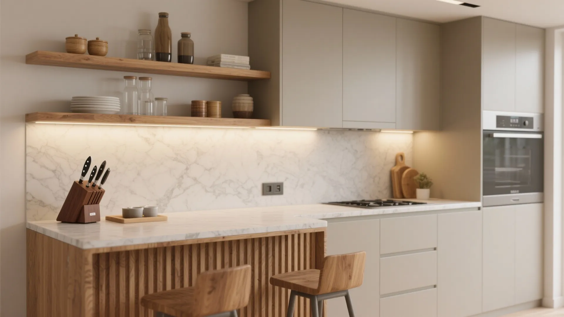 Modern kitchen with marble counters wood shelves beige cabinets oven and a small breakfast bar area