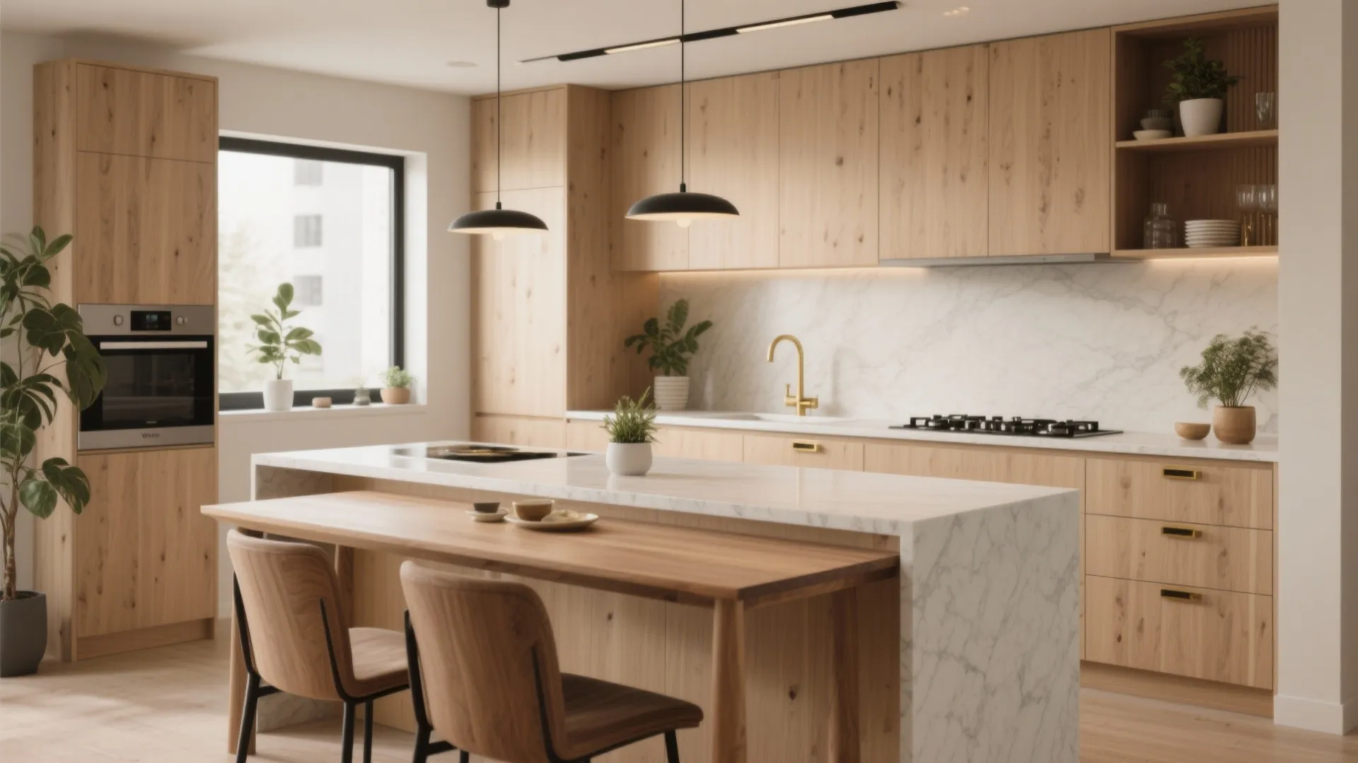 Contemporary kitchen with wood cabinets marble island counter gold faucet black ceiling lights and green plants