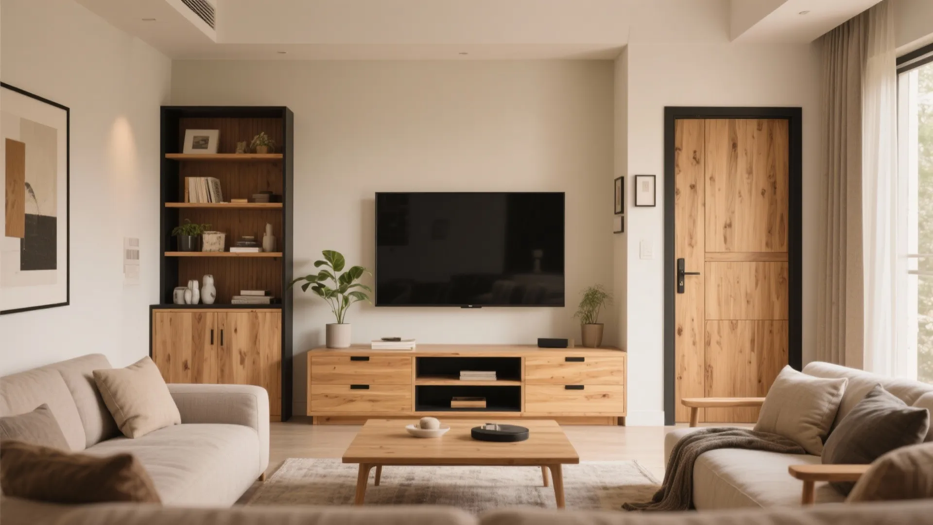 Bright living room with wooden furniture wall mounted television grey sofas and a wooden room door