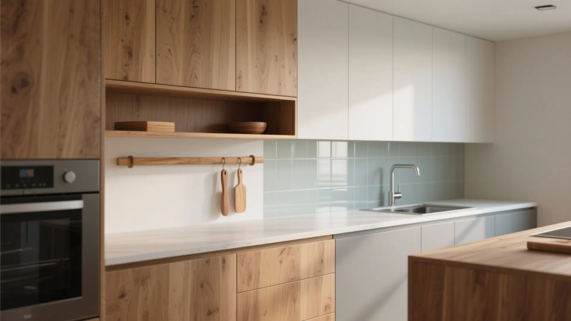Minimalist kitchen interior design with wood cabinets white countertops light green tiles and silver metal sink