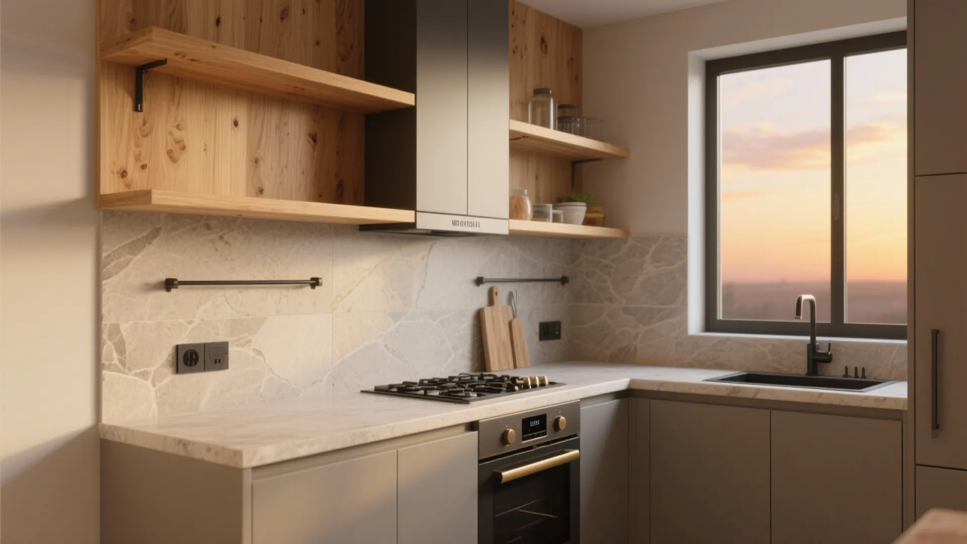 Modern kitchen with wooden open shelves, grey cabinets, marble wall, sink, and window showing sunset
