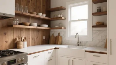 Warm Wood Kitchen with Open Shelving & Marble Countertops
